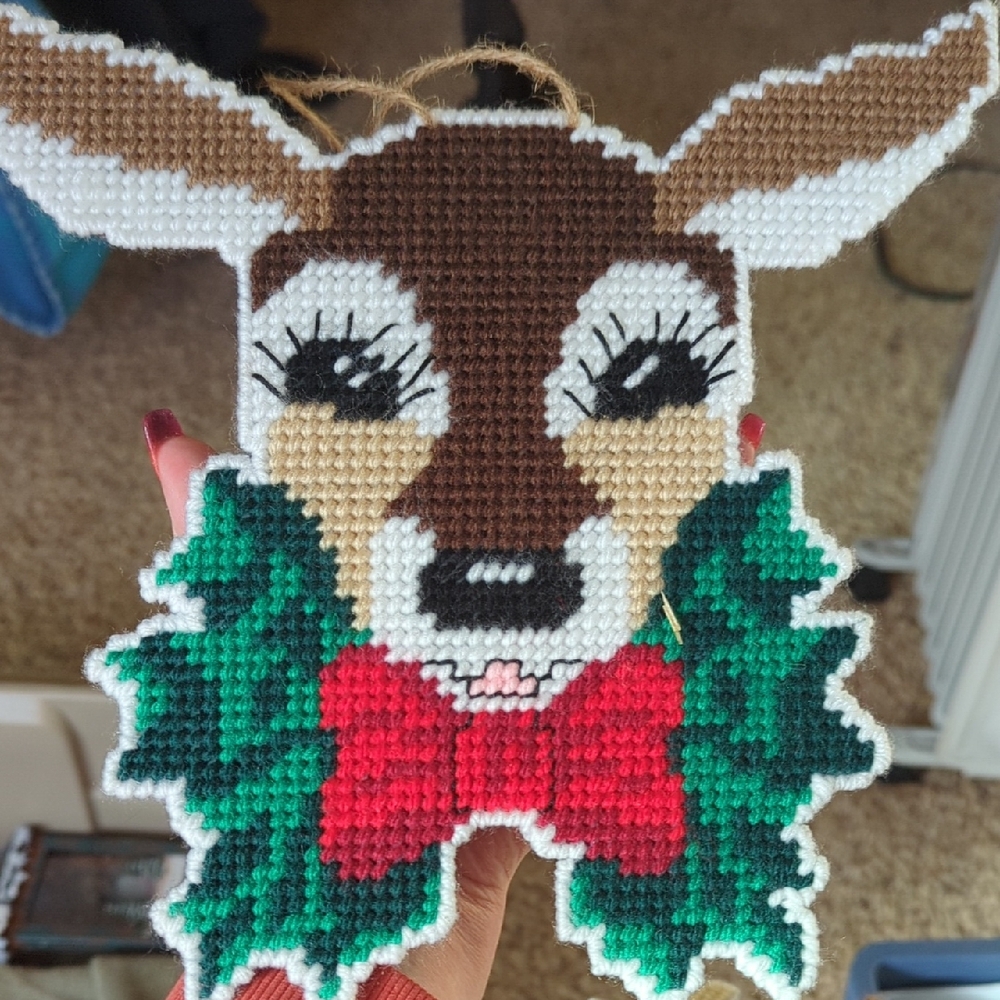 Two Handmade Reindeer Cross-Stitch Ornaments One With Antlers Other Without